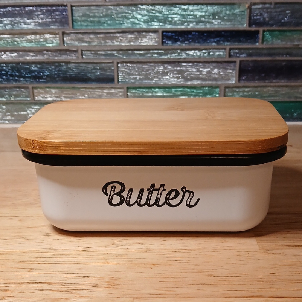 Elegant White Butter Dish with Bamboo Lid